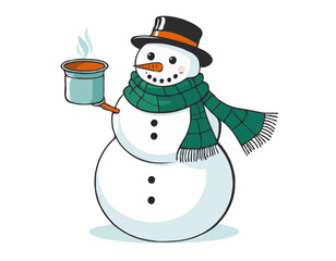 Vector drawing of a snowman wearing scarf and pot as a hat 
