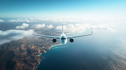 Naklejka premium Majestic Airplane in Flight Over Vast Scenic Landscape with Clear Sky for Text.