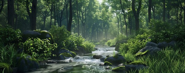 Obraz premium Serene forest with a flowing stream, 4K hyperrealistic photo