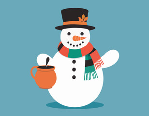 Vector drawing of a snowman wearing scarf and pot as a hat 
