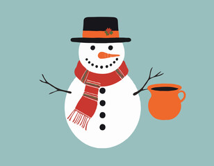 Vector drawing of a snowman wearing scarf and pot as a hat 
