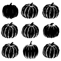 A collection of black and white pumpkins on a white background
