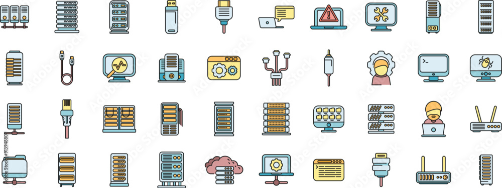 Poster system administrator icons set outline vector. server data. cable computer thin line color flat on w
