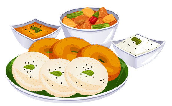 Vada, Idli & Sambar with Tomato & Coconut Chutneys - South Indian Traditional Cuisine Vector Art 