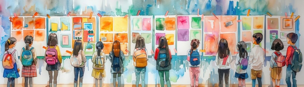 Students campaigning in school, colorful posters and flyers, lively elections, Watercolor style