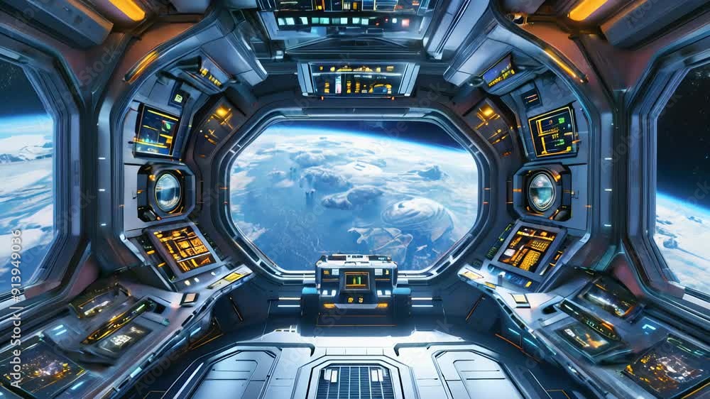 Poster discover the sleek design of a space station with breathtaking views of earth and advanced control p