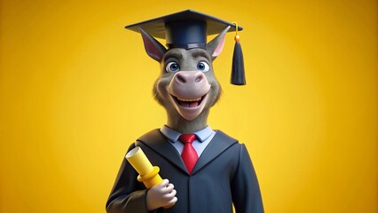 Donkey wearing a graduation cap and gown, holding a diploma, isolated on yellow background , copy space,generative ai