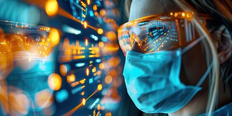 Healthcare Worker Monitoring Data on Futuristic Digital Display. Technology, Medical, and Innovation Concept