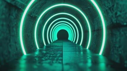 Naklejka premium Abstract glowing green neon light tunnel with concrete walls.