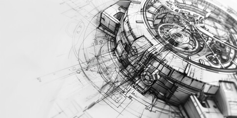 Black and white sketch of a watch mechanism.
