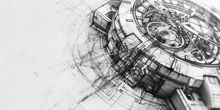 Black and white sketch of a watch mechanism.