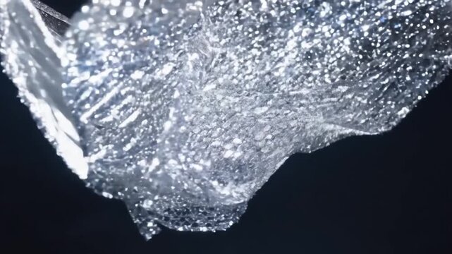 This captivating footage showcases a silver sequin fabric flowing gracefully against a black background, creating mesmerizing visual effects with light, sparkle, and texture, simulation