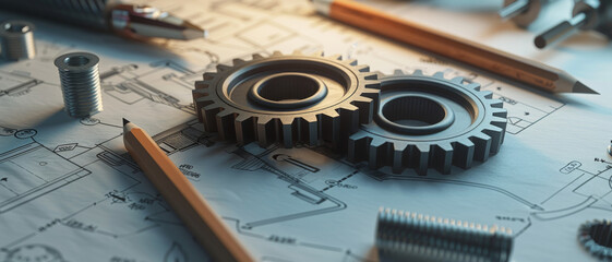 Two interlocking gears rest on top of detailed blueprints, accompanied by pencils and mechanical parts, representing the world of engineering and design.