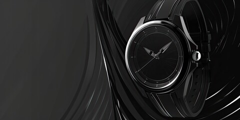 Black wristwatch with silver accents on black background.