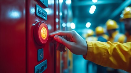 Finger pressing emergency button on red panel next to fire extinguisher, workplace safety concept