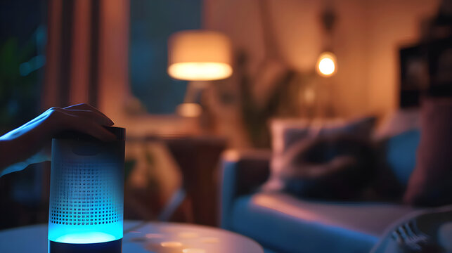 Individual using voice commands to control smart lighting in a modern, technology-integrated home setting.