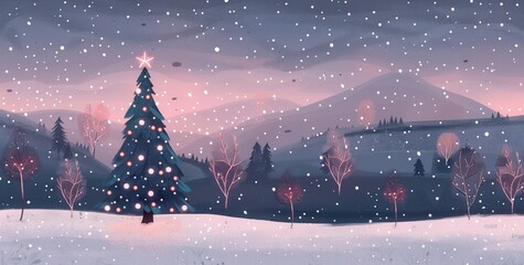 Naklejka premium Christmas Eve and Winter Wonderland: A Decorated Xmas Tree in a Snowy Night Landscape - Perfect for Holiday Banners and Templates
