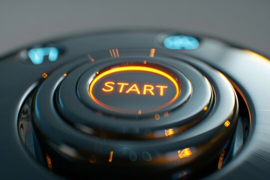 A push-button with a radiant 'start' symbol at its center, ready to be pressed. The button glows with an inviting light, drawing attention to itself.