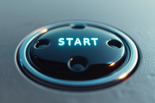 A push-button with a radiant 'start' symbol at its center, ready to be pressed. The button glows with an inviting light, drawing attention to itself.