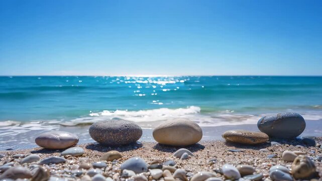 Tranquil beach scene with calm waves and pebbles