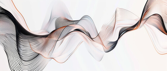 Fluid, abstract lines in soft hues of black and beige sweep across a white background, creating a sense of dynamic motion and grace.