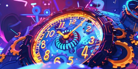 Naklejka premium A futuristic clock with neon lights and gears.