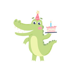 Cute crocodile for children. Birthday greetings, cake and party hat. Vector illustration