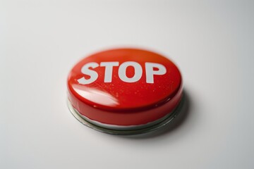 A close-up of a red push-button featuring the word 'STOP' in clear, legible text. 