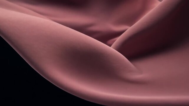 Solid dusty rose chenille fabric gracefully flowing on a black background, creating elegant folds and waves, symbolizing luxury, fashion and style, simulation