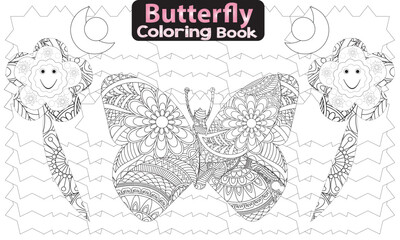 Butterfly and flowers coloring book for adult.Coloring book antistress for children and adults. Illustration isolated on white background.Zen-tangle style. Black and white drawing.coloring page.