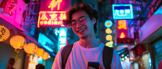 Obraz premium A young man smiling with a smartphone, standing under vibrant neon signs and lanterns in an urban night scene, creating a lively and colorful atmosphere.