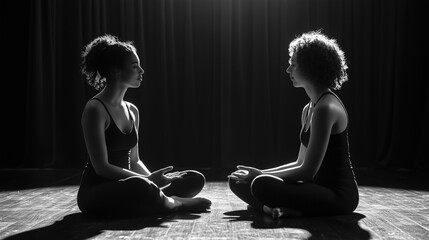 Two women sitting cross-legged on the floor, facing each other , clean dark backdrop, black and white