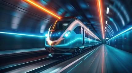 Futuristic high-speed train speeding through a neon-lit tunnel.