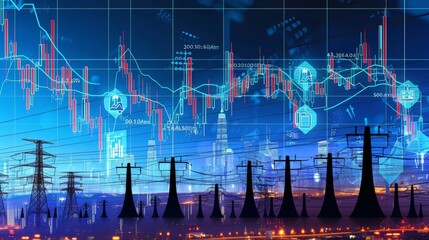 Energy symbols stock market graph in accordion style against electric power line backdrop