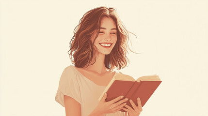 Fototapeta premium A smiling woman with shoulder-length hair, wearing a fitted dress, holding a book , natural, joyful, fashion