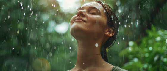Obraz premium A woman stands peacefully in the rain, eyes closed, with raindrops falling around her, signifying freedom and a deep connection with nature.
