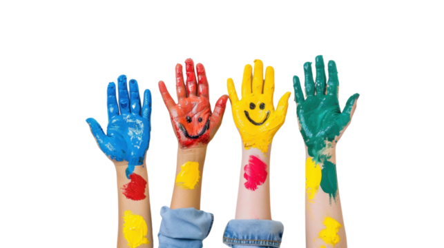 Hands with colorful paint and smiley faces on transparent background