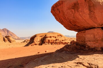 The iconic Mushroom Rock in the Wadi Rum desert in Jordan