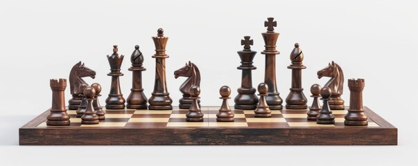 Isolated chessboard and pieces on white background, 4K hyperrealistic photo