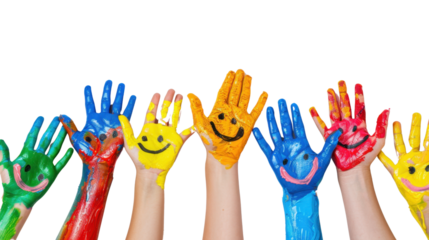 Hands with colorful paint and smiley faces on transparent background