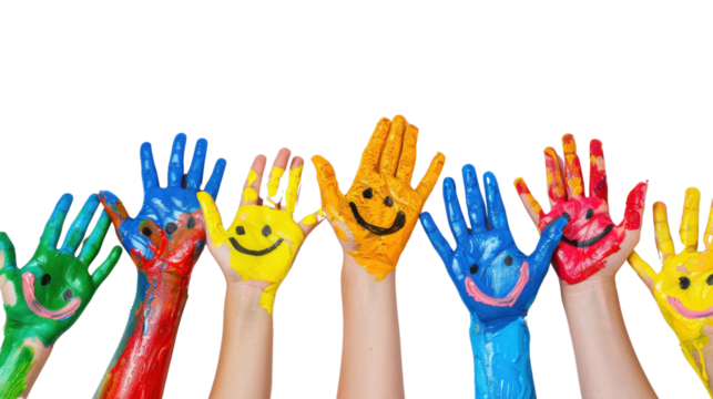 Hands with colorful paint and smiley faces on transparent background