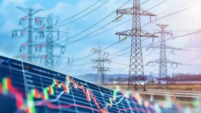 Energy symbols on dynamic stock market graph in accordion style against electric power line backdrop