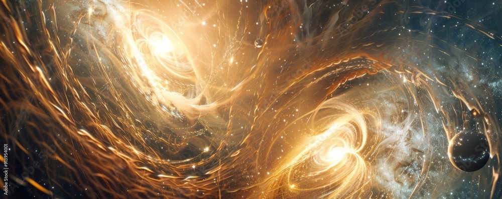 Poster gravitational field of a binary star system distorting spacetime, 4k hyperrealistic photo