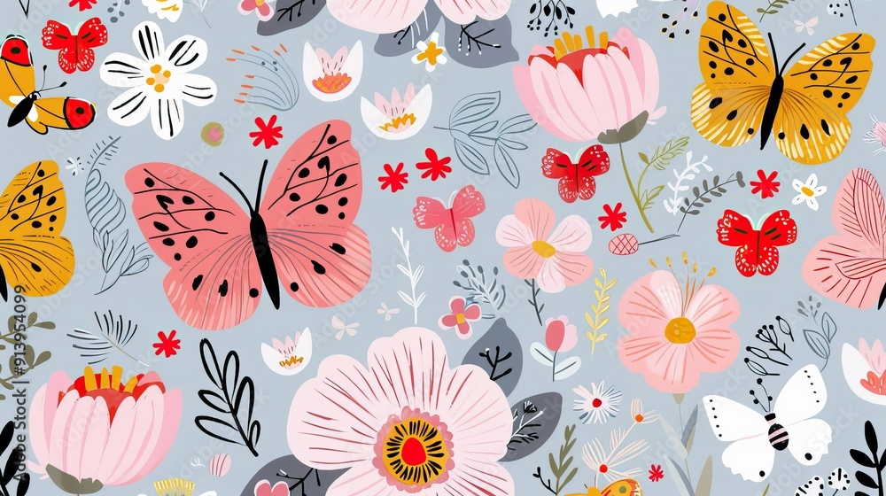 Wall mural spring fling pattern with flowers and butterflies