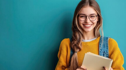 image of happy young teacher, single color background with generative ai