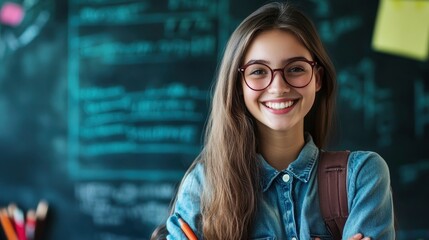 Obraz premium image of happy young teacher, single color background with generative ai