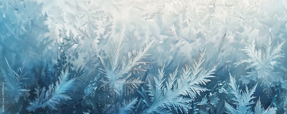 Poster frosted window pane with intricate ice crystal patterns, 4k hyperrealistic photo