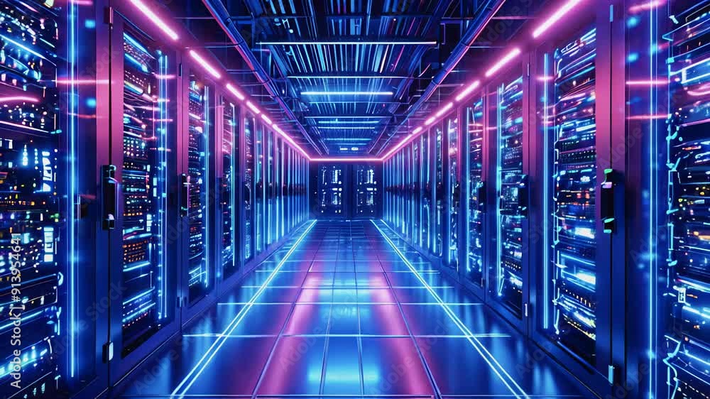 Poster this location features a highly advanced data center illuminated by colorful led lights, showcasing 