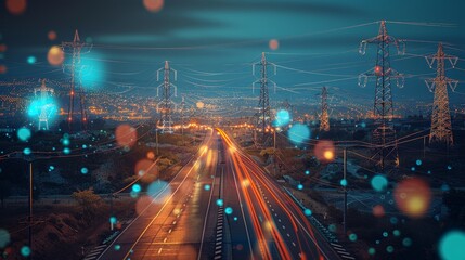 Dynamic energy stock market graph with electricity symbols in accordion style on power line backdrop