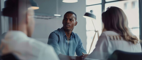 Obraz premium A man attentively participating in a meeting in a bright, minimalistic office, indicating collaboration and a professional work atmosphere.